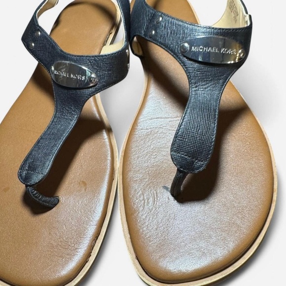 Michael Kors Black and Tan Logo Plate Leather Women's Sandals - Picture 6 of 7